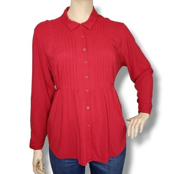 Torrid Pintuck Blouse Womens 3X Red Button Up Collared Tie Back - Picture 1 of 9